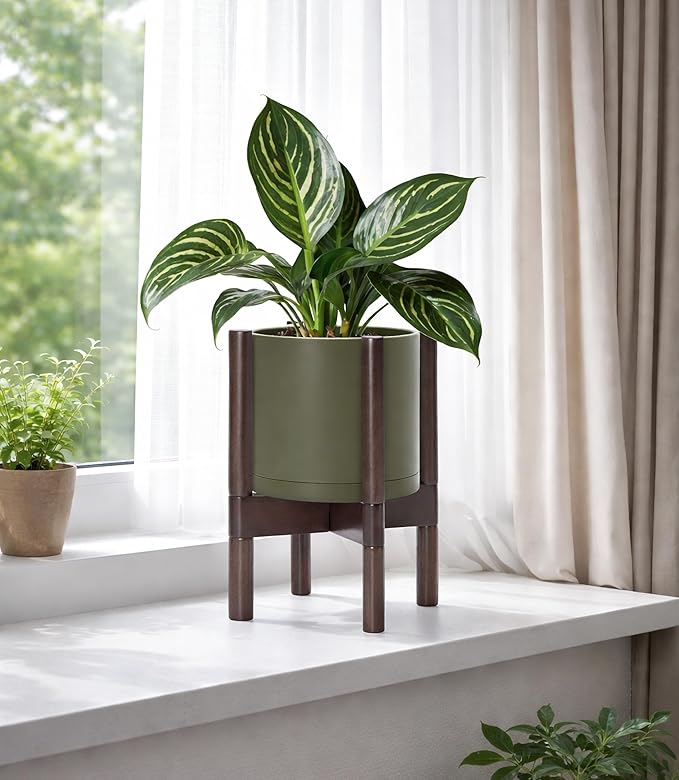 D'vine Dev Planter Pot with Stand - 8 Inch Plastic Cylinder Flower Pot with Wood Planter Holder for Indoor, Olive Pot + Walnut Color Stand, 55-C-I-3