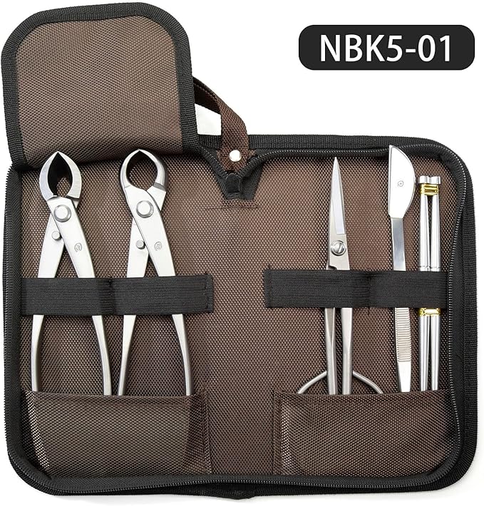 TianBonsai Bonsai Tools 5-Piece Alloy Steel Bonsai tool Kit In Cluding 210mm Long Handle Scissors / 205mm Branch Cutter / 205mm Knob Cutter / 200mm Straight Root Hook / Tweezers (NBK5-01)