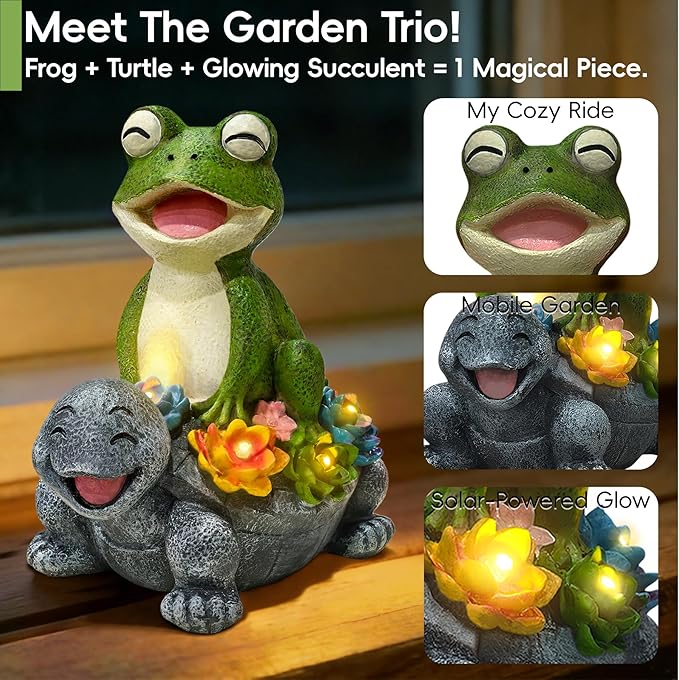 Solar Garden Statues, Cute Smiling Animal Outdoor Decor with 8 Bright LED Lights for Patio Yard Balcony Perfect Mother‘s Day Birthday Housewarming Garden Gift (Green Frog - Stone colored Turtle)
