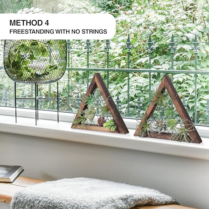 J JACKCUBE DESIGN Air Plant Triangle Frame Hanging Airplant Holder, Rustic Wood Tillandsia, Succulent Plants Display Hanger Shelf for Wall Décor, Set of 2- MK1061A