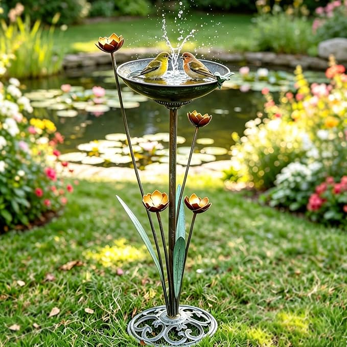 HOUYANG Diam 11.4" W x 32.3" H Cast Iron Pedestal Bird Bath, Bird Baths for Outdoors,Vintage Metal Bird Bath Garden Yard Decoration
