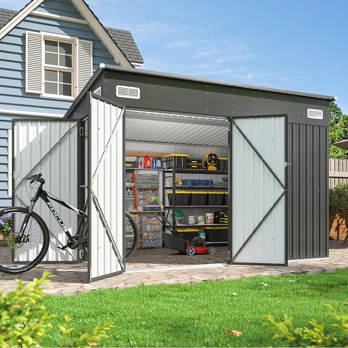 Aoxun 9.4'x7.3' Triple Door Shed Outdoor Storage Shed with Three Lockable Door for Easily Accessing Metal Storage Shed with Slopping Roof for Tools Bicycles Storage in Garden, Backyards (Black)
