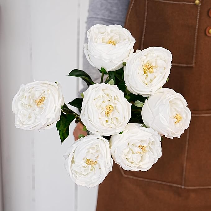 Jahe 6Pcs Fake Austin Flowers David Austin Roses, 17'' Faux Peonies for Flower Arrangements, Home Decor Peony Artificial Flowers, Living Room Decoration Vivid Roses Peonies, White