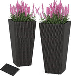 Giantex Set of 2 Outdoor Wicker Flower Pot, 30 Inch Tall Planters with Drainage System, PE Rattan Flower Pots, Indoor Outdoor Decoration for Front Porch Balcony Entryway, Dark Brown