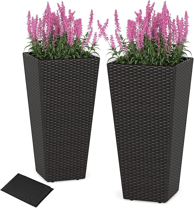 Giantex Set of 2 Outdoor Wicker Flower Pot, 30 Inch Tall Planters with Drainage System, PE Rattan Flower Pots, Indoor Outdoor Decoration for Front Porch Balcony Entryway, Dark Brown