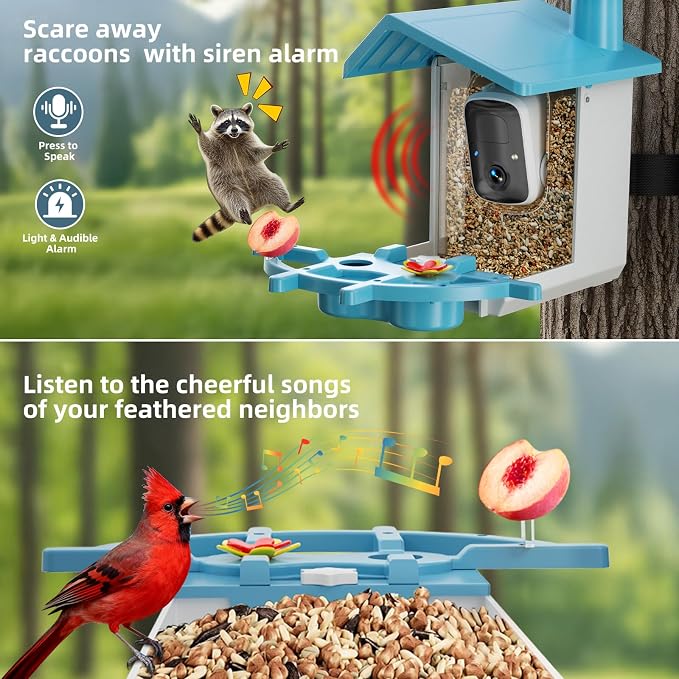Bird Feeder with Camera for Outdoor, INKCKU 2K Solar Powered Bird Watching Camera, AI Identify Birds Species, Auto Capture Videos, Instant Arrival Alerts, Garden Decor, Gift for Mom Dad, Blue