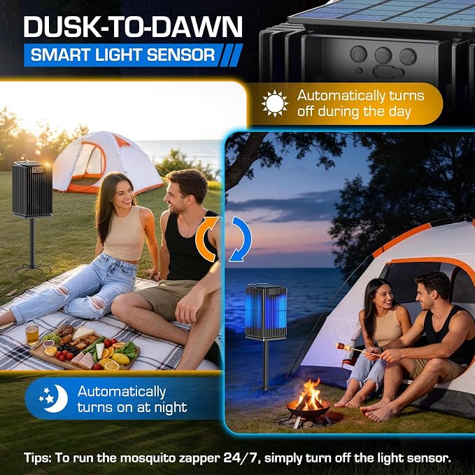 Solar Bug Zapper Outdoor, Waterproof Mosquito Zapper Type-C & Solar Powered, Auto On/Off, Cordless 4200V Electric Fly Zapper, 5000mAh Rechargeable Mosquito Trap Killer for Patio Backyard Camping