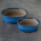 Wazakura Banko Series 2 PCS Blue Bonsai Pot Set with Drainage Holes, Made in Japan Ceramic Garden Planter Pack, Handmade Glazed Houseplant Bowl