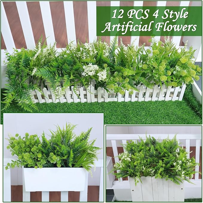 TURNMEON 12 Bundles 4 Styles Fake Plants Artificial Plants Outdoor, UV Resistant No Fade Fake Flowers Outdoor Faux Plants Boston Fern Lavender Plastic Greenery Shrubs for Outside Gardens Home Porch