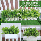 TURNMEON 12 Bundles 4 Styles Fake Plants Artificial Plants Outdoor, UV Resistant No Fade Fake Flowers Outdoor Faux Plants Boston Fern Lavender Plastic Greenery Shrubs for Outside Gardens Home Porch