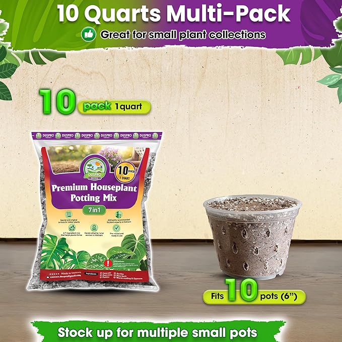 DUSPRO 10Pcs 1QT Pre-Mixed House Plant Potting Mix 7in1 with Potting Soil Indoor Plants,Tropical Indoor Potting Soil with Pine Bark,Pumice,Coco Coir, Perlite, Worm Castings, Gypsum, Peat Moss