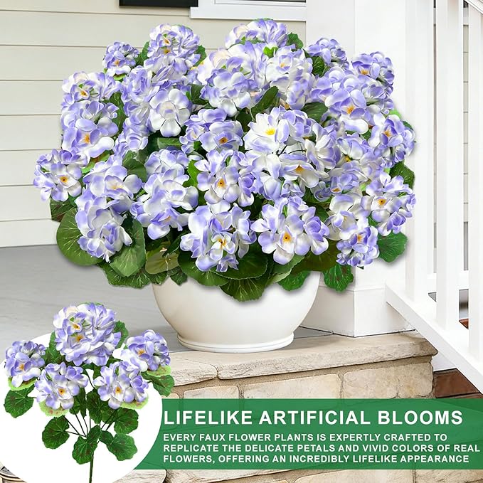 TURNMEON Artificial Geraniums Flowers for Outdoors Summer Decoration, 4 Bundles Fake Flowers Silk Purple Flowers UV Resistant No Fade Faux Plants for Planter Gardens Table Porch Indoor Cemetery Decor