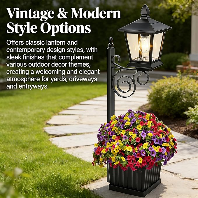 Solar Lamp Post with Planter, 2-in-1 Outdoor Solar Light with Built-in Planter Box, Waterproof Solar Powered Pathway Lamp for Garden Patio, Auto On/Off Warm White Light for Front/Back Door (Black 1pc)