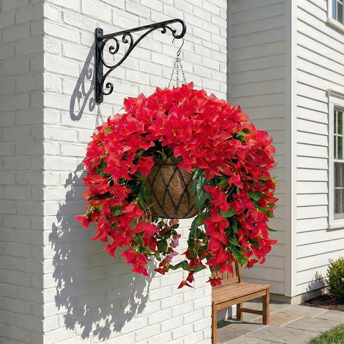 Artificial Flowers for Outdoors Fake Red Bougainvillea Hanging Flower Decoration, 2Pcs Realistic Faux Silk Plants Long Trailing Vines, Spring Decor for Porch Patio Balcony Planter Yard