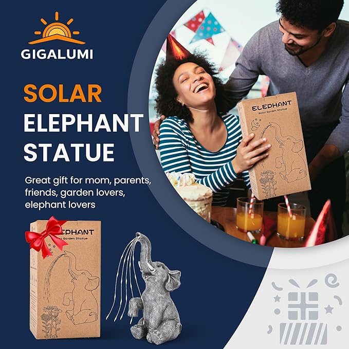 GIGALUMI Solar Garden Decor Watering Elephant Statues Outdoor, Birthday Gifts for Women Mom Grandma Senior Elder, Elephant Ornament for Balcony, Garden, Patio, Yard, Lawn (Constant Lights Only)