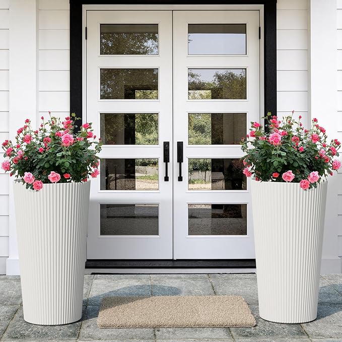 23.6" H Tall Planters for Outdoor Plants, 2 Pack Large Outdoor Planters for Front Porch Decor with Drainage Hole, Plastic Striped Flower Pots Fits Indoor Plants Patio Garden, Black