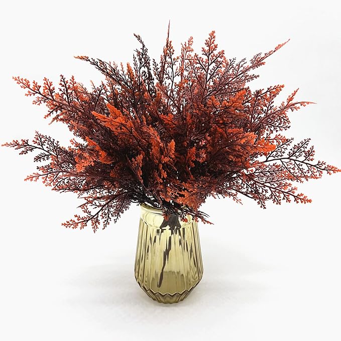 Artificial Ferns Plants, Fake Plastic Plant Faux Fern Leaves Shrubs Stems Realistic Boston Grass Decor for Outdoor Indoor Home Garden Party Office Wedding Christmas Decoration DIY Foliage Red 4 Pack