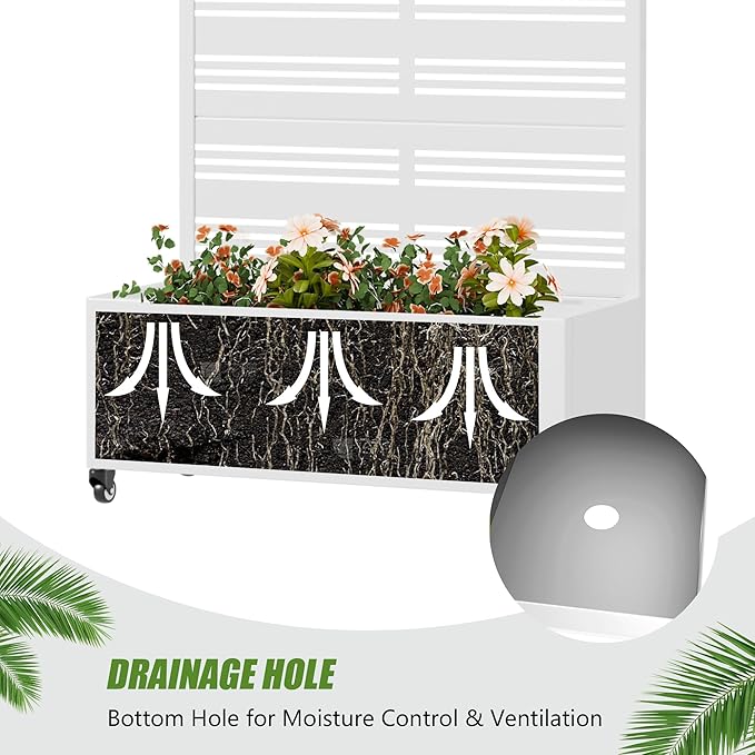 Casaphoria Metal Raised Garden Bed with Trellis and Wheels, 72"x35"x16" Planter Box for Climbing Plants, Vegetables & Vines, Features Drainage Holes and Privacy Screen, White-Harold