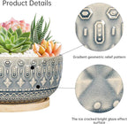 8 Inch Ceramic Succulent Planter Pots with Drainage Hole Flower Pot for Indoor Plants Round Shallow Bonsai Pot with Bamboo Tray Blue