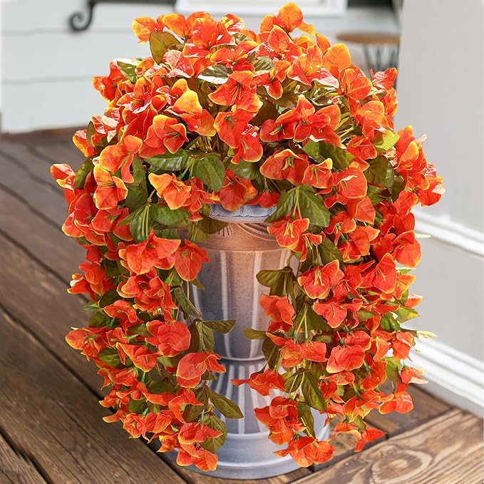 HyeFlora Bougainvillea Artificial Hanging Flowers Plants for Outdoors Decoration, 2pcs Faux Bougainvillea Vines Orange Fake Flowers Realistic UV Resistant Silk Flowers for Outside Planter Yard Porch