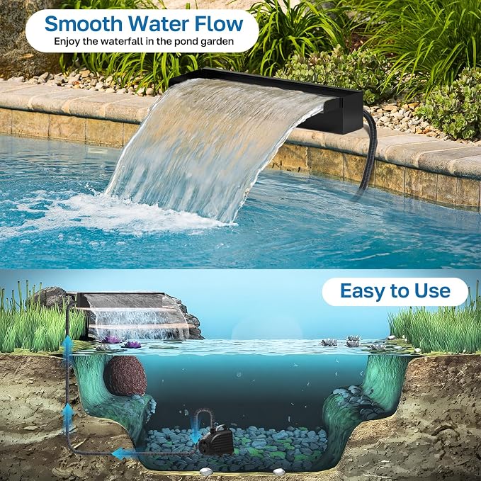 POPOSOAP 24 Inch Pond Waterfall Spillway with 1200GPH Pump, 304 Stainless Steel Pond Waterfall Kit with 9.8FT Corrugated Tube, Pond Waterfall Box for Outdoor Pond Waterfall System Garden Decor-P46