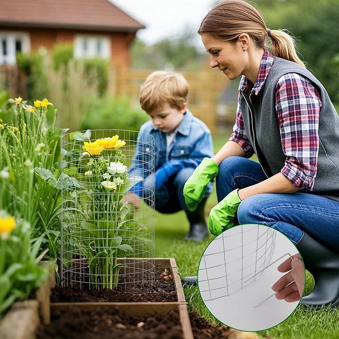 winemana 12 Set Garden Plant Protector Cage, 36 Pcs 16x12 IN Metal Wire Protectors for Plants Protection Cages with Stakes Nylon Ties Animals Barrier to Keep Rabbit Chicken Away from Flower Vegetables