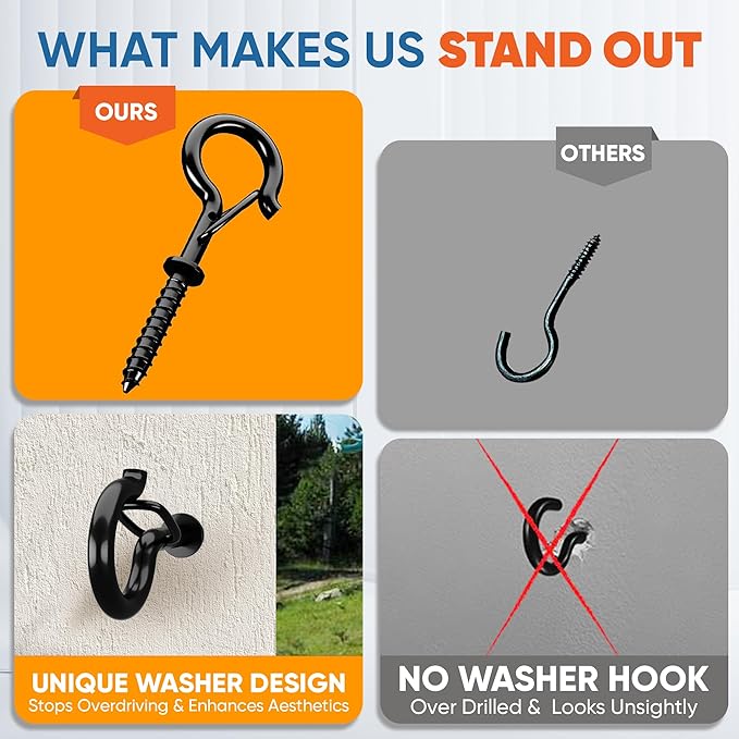 [HIGH-WORKLOAD] 200Lbs 4 Pcs Q-Hanger Hooks M8 with Washer & Safety Buckle, Heavy Duty 5’’ Windproof Screw Hooks for Hanging Plants, Yoga, Lights, Indoor & Outdoor Uses-Expansion Tubes, Screwdriver