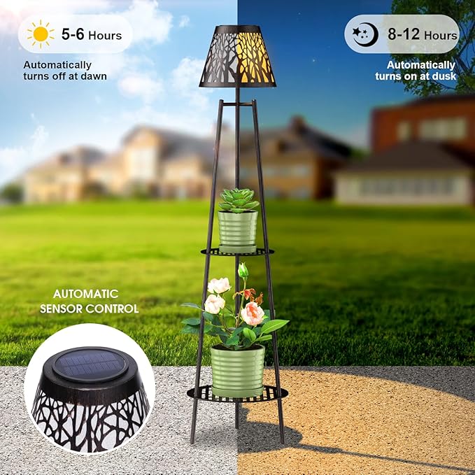 2 Pack Outdoor Solar Floor Lamp with Plant Stand, Waterproof Metal Garden Lights with 2-Tier Shelves, Decorative LED Cordless Patio Lamp for Porch, Deck, Balcony, Yard & Corner Decor (Bronze)