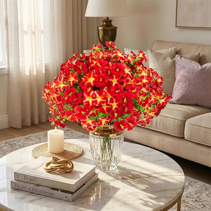 Daynight Faux Petunias Artificial Flowers Plants for Outdoor Plant Decoration,Fake Petunias Realistic Silk Flowers for Porch Yard Garden Window Indoor Decor. (16, Red)