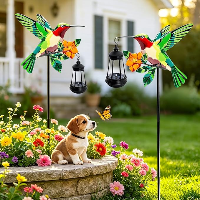 2 Pack Solar Lights Outdoor Waterproof Hummingbird Decorative, 29in Metal Hummingbird Garden Stakes with Solar Lanterns for Yard Art Outside Patio Porch Lawn, Gifts for Women Mom Grandma Mother's Day