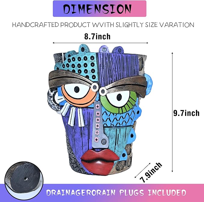 Midogaigai Abstract Face Planter Pots for Plants,Hand-Painted Colorful Flower Pots with Drainage,Indoor Outdoor Garden Decor Gift(Eclectic,Large)