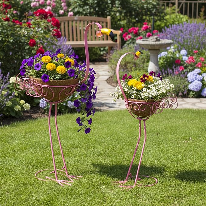 J-Fly Set of 2 Pink Flamingos Metal Potted Plants Holders with Coconut Flower Pots, Christmas Yard Flamingos Plant Stand Indoor & Outdoor, Floral Garden Christmas Decor, Flower Pots Stand Outdoor