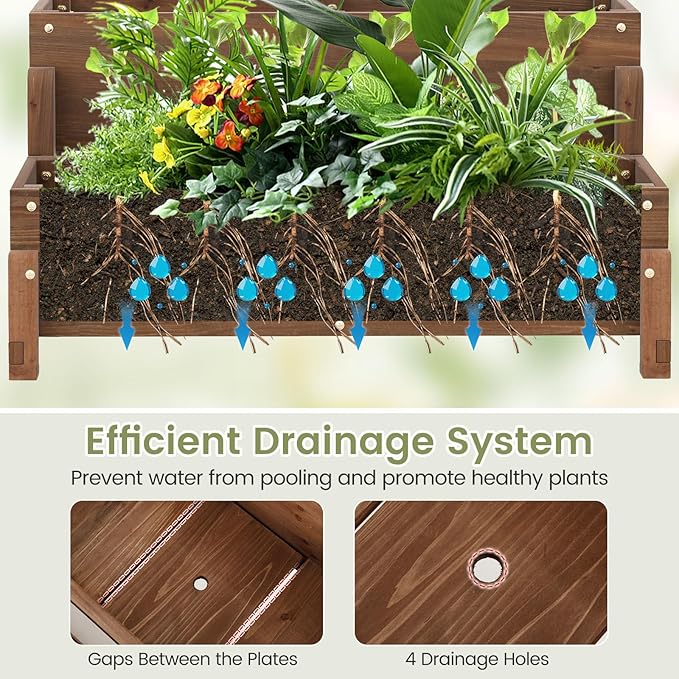 2 Pieces Raised Garden Bed with Trellis, 2-Tier Wooden Elevated Planter Box with Legs, Hemp Rope & Drainage Holes, Raised Plant Bed for Backyard, Garden, Lawn