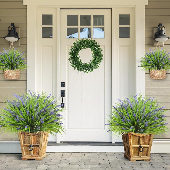 Sggvecsy 12 Bundles Artificial Plants Outdoor Faux Lavender Flowers Fake Monkey Grass UV Resistant Plastic Greenery Plants for Garden Home Porch Window Patio Hanging Planter Indoor Decor (Purple)