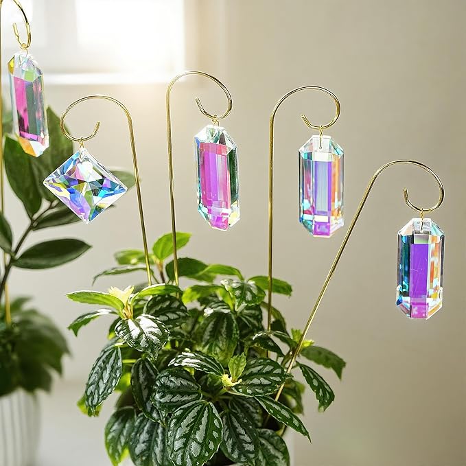 H&D HYALINE & DORA 7 Pack AB Colored Crystal Suncatcher Small Trellis Golden Plant Stake for Potted Plants Indoor Decoration 13.7 Inch