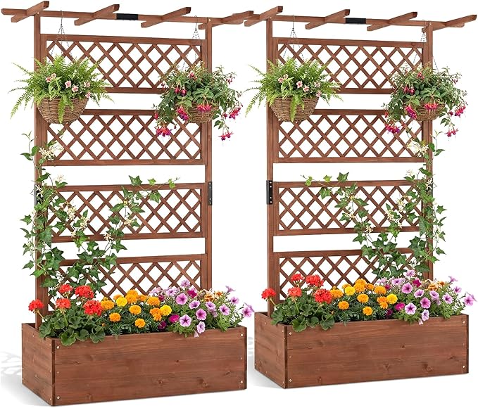 Giantex Raised Garden Bed with Trellis 2 Pack, 72'' Wooden Planter Box Outdoor w/Privacy Screen Roof, Large Vertical Garden Planter w/Drainage Holes for Climbing Plants, Patio Balcony Backyard