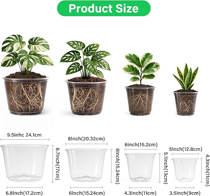 Bluepro 16 Pack 10/8/6/5 Inch Reinforced Large Clear Nursery Pots with Drainage Holes, Transparent Variety Pack Plastic Plant Pot for Vegetable Propagation, Root Cutting, Seed Starting