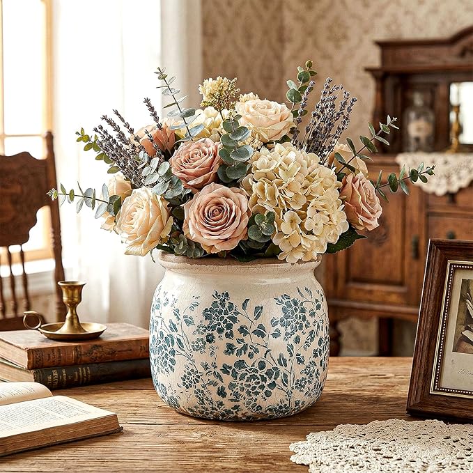 Vintage Planter Large Ceramic Plants Pot Green Vintage Rose Ice Crack Cottage Scroll Vase Flower Vase Pot Indoor Plants Home Kitchen Decor Farmhouse Antique Decorative Gifts