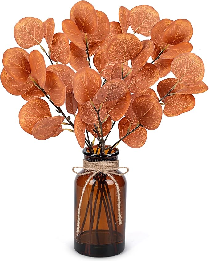 Der Rose 13.5" Fake Plants for Fall Bathroom Decor Autumn Artificial Eucalyptus Stems in Amber Glass Vase with Faux Water for Office Desk Accessories Home Table Fall Centerpiece Decor（Orange）