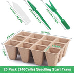 240 Cells Seed Starter Tray Kit, Biodegradable Peat Pots for Seedlings Trays, Plant Starter Seed Germination Kit with 40 Labels and 2 Transplant Tools (20, 240 Cells)