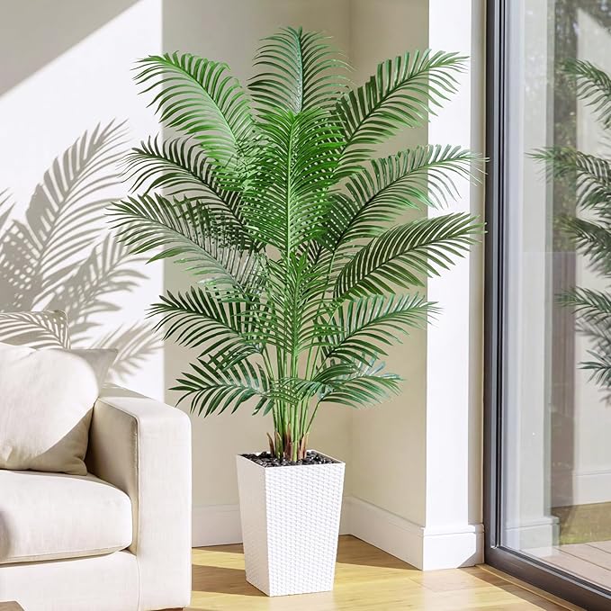 6ft Artificial Palm Tree with White Planter - Tall Fake Palm Tree Indoor Fake Tropical Plant for Home Office Living Room Bedroom Modern Decor