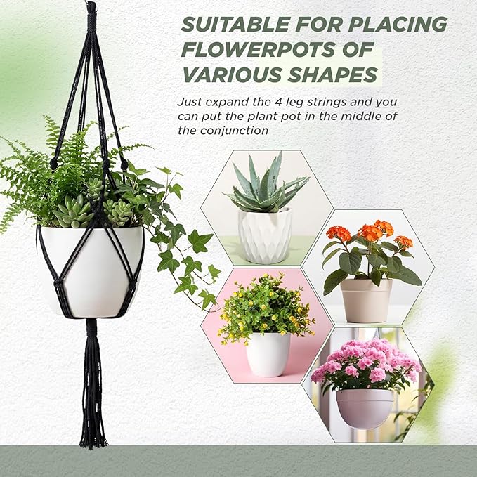 EBOOT 3 Pack 33 41 48 Inch Large Macrame Plant Hanger Rope to Hang Flower Pot Plant Holder for Indoor Outdoor Decorations, 4 Legs (Black)