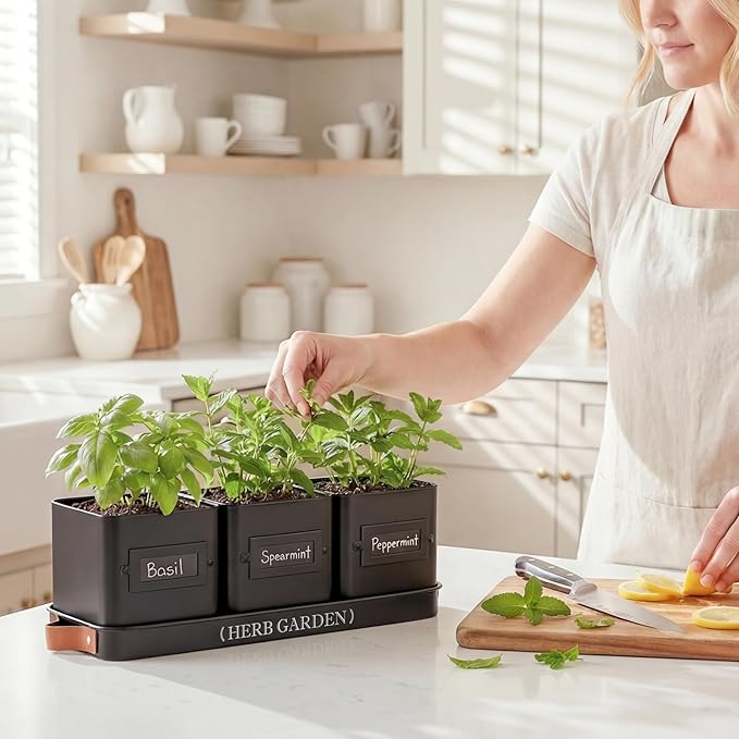 PERFNIQUE Indoor Herb Garden, Herb Planter Set with Tray, Farmhouse Indoor Plant Pots, Windowsill Herb Garden with Drainage(Planter only) for Indoor/Outdoor, Window Pots(Matte Black)