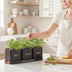 PERFNIQUE Indoor Herb Garden, Herb Planter Set with Tray, Farmhouse Indoor Plant Pots, Windowsill Herb Garden with Drainage(Planter only) for Indoor/Outdoor, Window Pots(Matte Black)