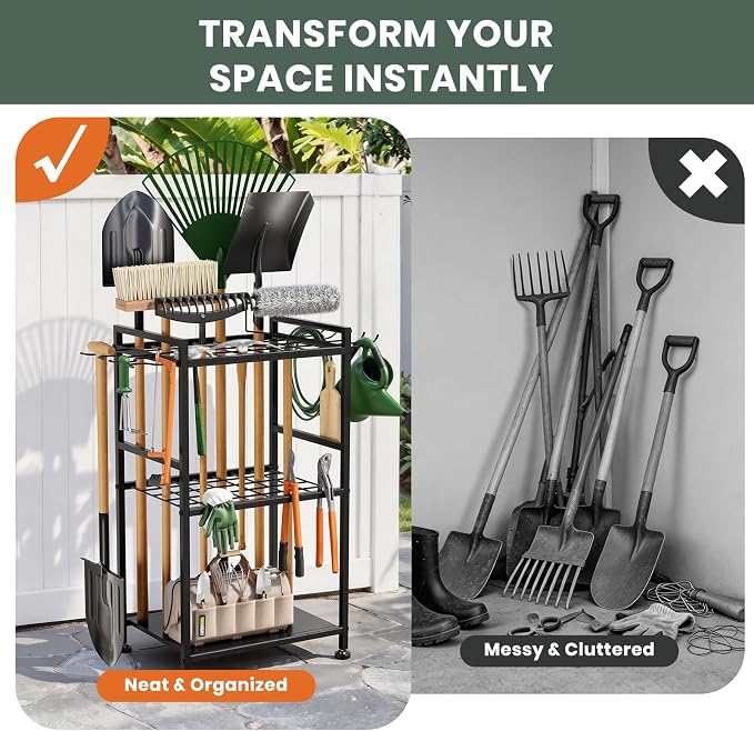 SPACECARE Garden Tool Organizer with Feet, Yard Tower Rack for Garage Organization and Storage, Up to 35 Long-Handled Tools/Rakes/Brooms, Heavy Duty Steel Garden Tool Stand for Shed, Outdoor, Black