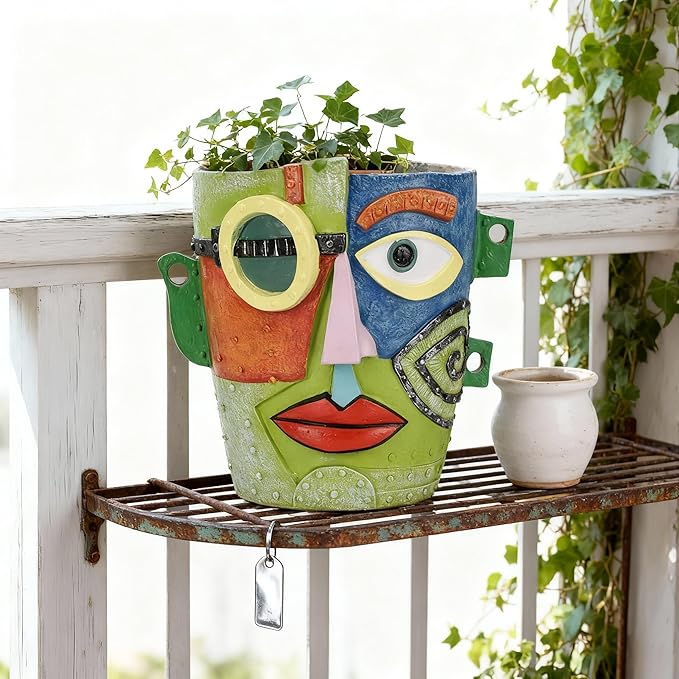 Abstract Face Planter Pot, Hand-Painted Resin Flower Pot with Top Opening for Planting, Decorative Planter for Indoor Plants, Art Accent Flowerpot Decor