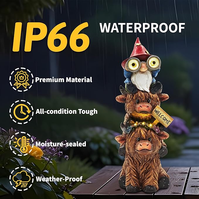 Garden Gnomes Outdoor Statue: 11'' Highland Cow Decor with Welcome Sign Funny Triple Yard Decorations with Solar Light Unique Birthday Gifts for Women Mother Grandma