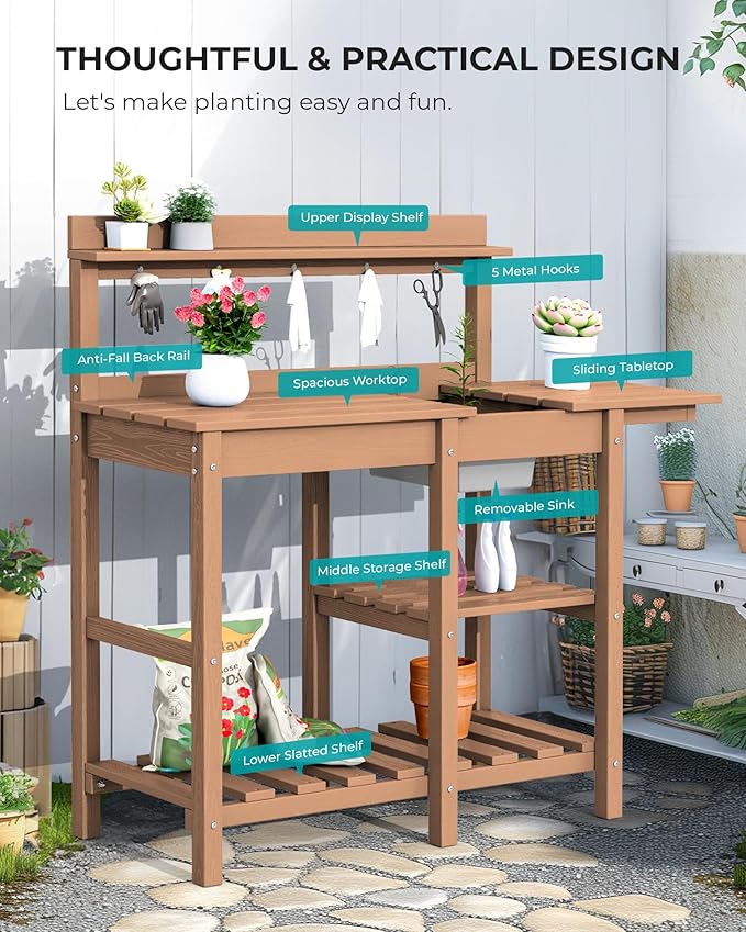 SERWALL Outdoor Potting Bench 2-Piece Set, Rot-Resistant HDPE Potting Table with Removable Sink for Outside Gardening, All-Weather Use - Brown