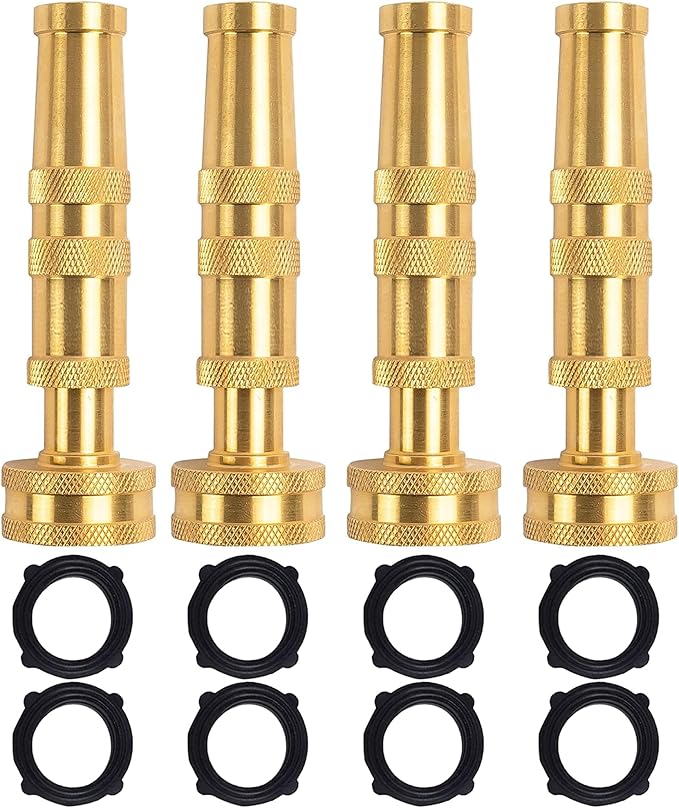 Hourleey Adjustable Twist Hose Nozzle, 4" Heavy-Duty Brass Hose Nozzle with 8 Garden Hose Rubber Washers (4 Pack)