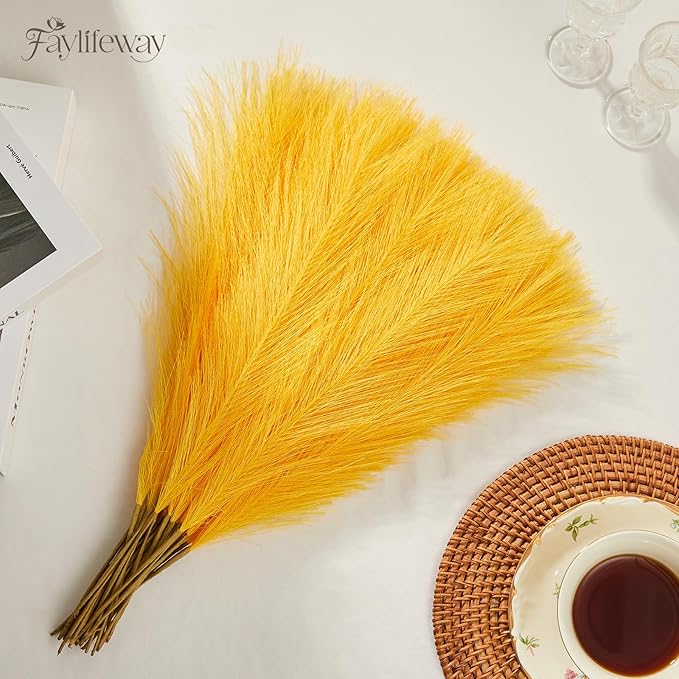 50PCS Pampas Grass Decor, 17" Yellow Pompas Grass, Fluffy Small Pampas Grass for Vase Filler Home Wedding Wall Table Party Decoration